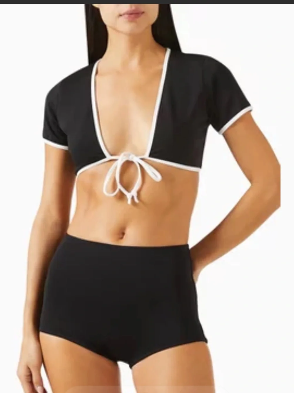 Good American Black Bikini Top with White Trim and Tie Front